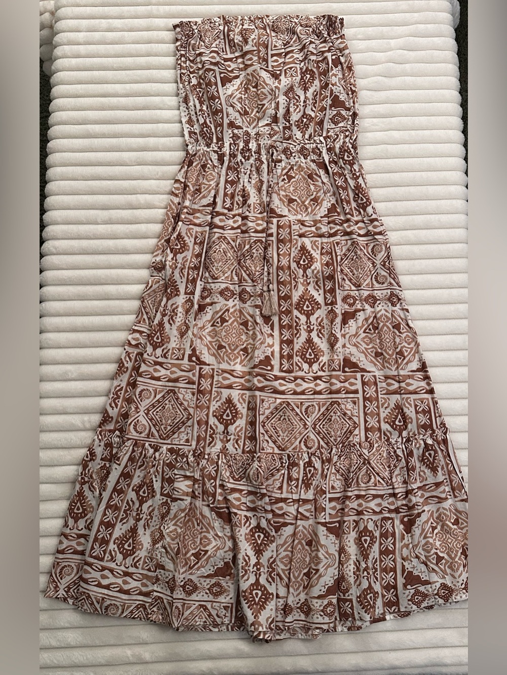 Salomon Brown & White Printed Strapless Maxi Dress